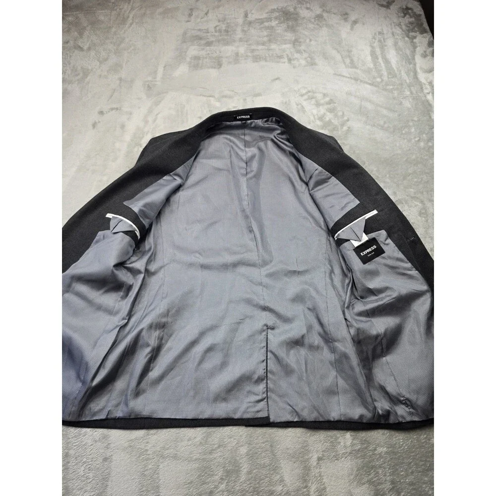 Express Men's Formal Gray Solid Blazer — Size 40R, 2-Button with Pockets.